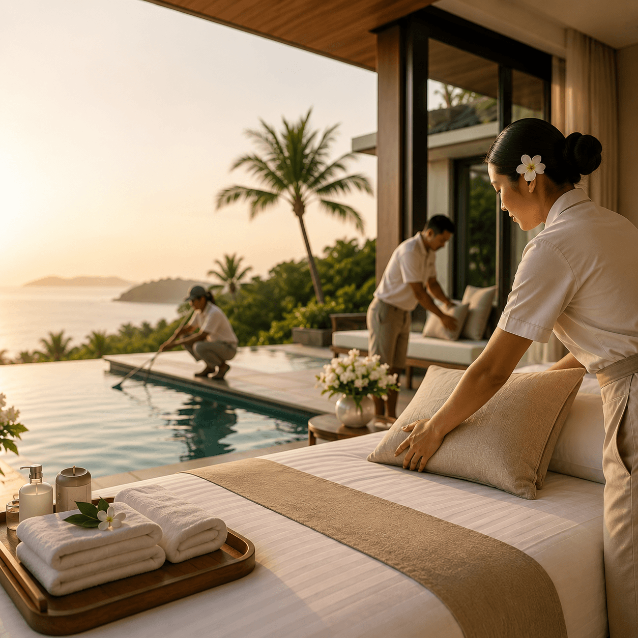 Villa staff preparing a terrace and infinity pool at golden hour